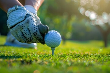 Golfer prepares to tee off by placing the ball on the tee in vibrant green grass