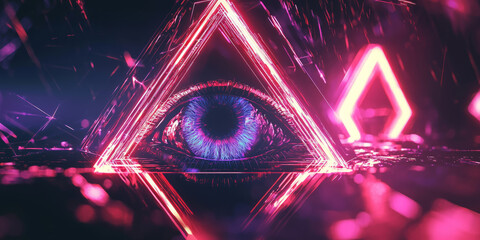 Abstract geometric eye design with neon lines and digital particles forming a futuristic interface