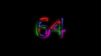  A  number  illustratin, and glowing neon number 64 illustration . on a black background.and creating a stunning 4k illustration.