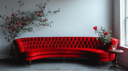 Red velvet sectional sofa, floral arrangement, light room, interior design, photography