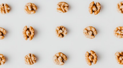Overhead Flatlay of Walnut Halves in a Uniform Pattern on a White Background