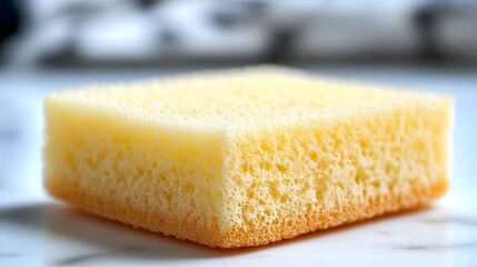 Close Up of Yellow Cleaning Sponge with Porous Texture on a Marble Background in Soft Lighting