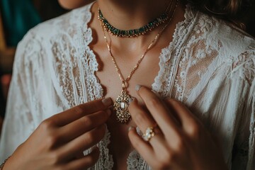 Young female wearing lace dress and jewelry with gemstone necklace and ring