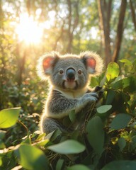 Obraz premium Adorable koala joey perched on eucalyptus leaves, bathed in warm golden sunlight of an Australian forest.