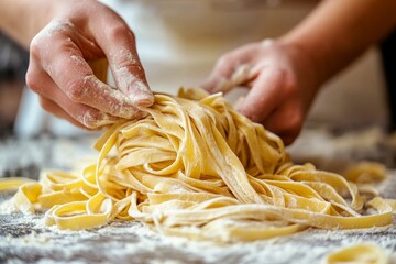 Hands preparing fresh homemade pasta with flour and dough
