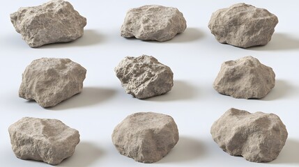 Naklejka premium Collection of Nine Rough Gray Rocks Stones Minerals Isolated on White Backdrop for Geological Study