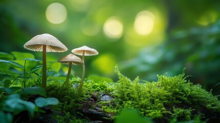 Fototapeta premium Three small mushrooms growing on moss in a forest.
