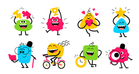 Vector set of cartoon illustration of cute happy smile geometric character with heart, puzzle, winner cup, magnifier and bicycle. Flat style child doodle design of different abstract kid character set