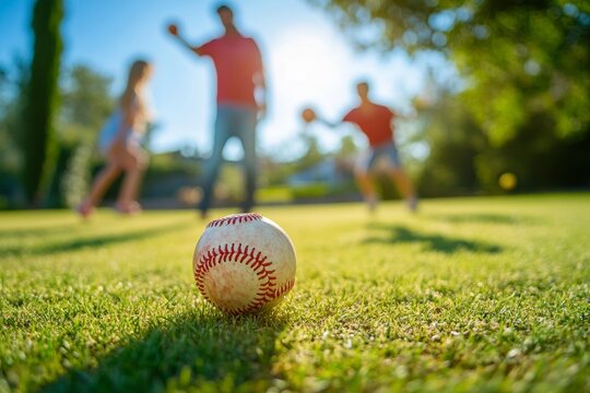 Family enjoying baseball game outdoors on sunny day