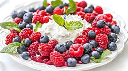 Delicious Birthday Cake with Fresh Raspberries Blueberries Cream and Burning Candle