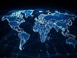 Holographic world map depicting global trade and finance in a futuristic space setting