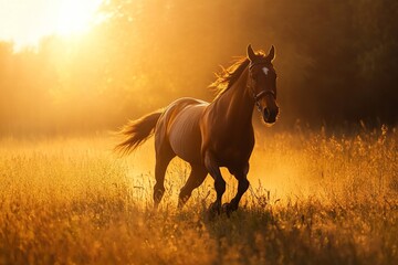 Obraz premium Majestic horse running through sunlit field at golden hour