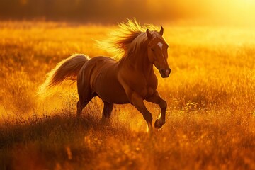 Chestnut horse running in golden field during sunset
