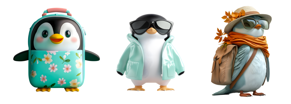 Three cute cartoon penguins wearing different clothes and accessories on transparent background