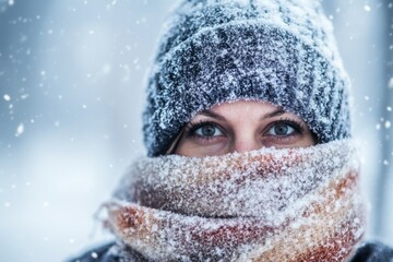Caucasian female in snow-covered winter gear with intense blue eyes