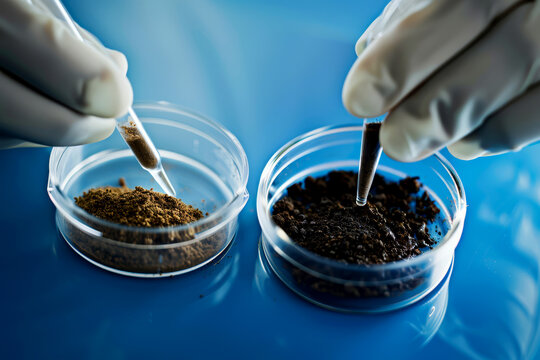 Two hands in white gloves hold test tubes above petri dishes containing different materials