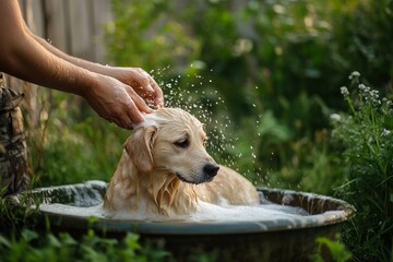 Golden retriever puppy bathing in outdoor garden tub with water splashes