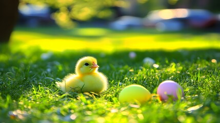 Close Up of Yellow Duckling and Colorful Easter Eggs on Green Grass in Sunlight