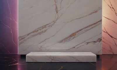 Stand made of marble slab on the wall background. Product stand and podium for display. holo colors