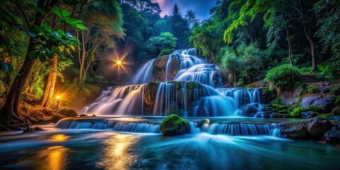 Obraz premium Wild Waterfall Landscape - Night Photography AI Art
