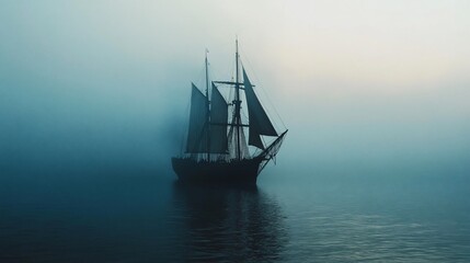 Fototapeta premium Sailing ship in dense fog at sea.