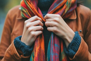 Vibrant autumn fashion: close-up of female hands adjusting colorful scarf