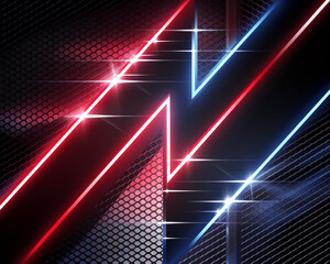 Fototapeta premium A close-up of sharp red and blue neon light lines crossing in an angular pattern against a dark mesh-like background, symbolizing energy, motion, and modern design. Gamer background