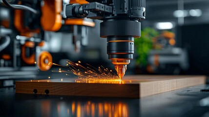 Precision Laser Cutting Machine Creating Sparks While Engraving Wood Material in Modern Workshop