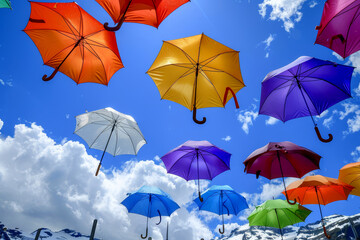 Obraz premium Brightly colored umbrellas hang in the air, creating a whimsical display under a clear sky