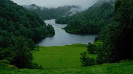 Obraz premium Serene Fjord Landscape Misty Mountains, Calm Water, Green Meadow