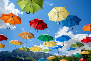 Obraz premium Colorful umbrellas hang in the blue sky, framed by majestic mountains in the background