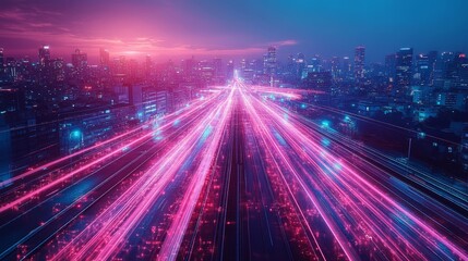 Dynamic Urban Skyline Illuminated With Vibrant Neon Lights During Twilight in a Bustling Metropolitan Area