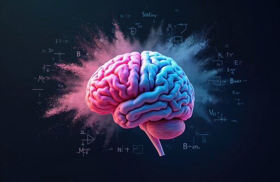 Creative mind concept image. Human brain anatomy, science, neurology theme. Pink, blue colors, geometric elements, formulas, handwritten notes evoke smart intellect, memory, imagination, education.