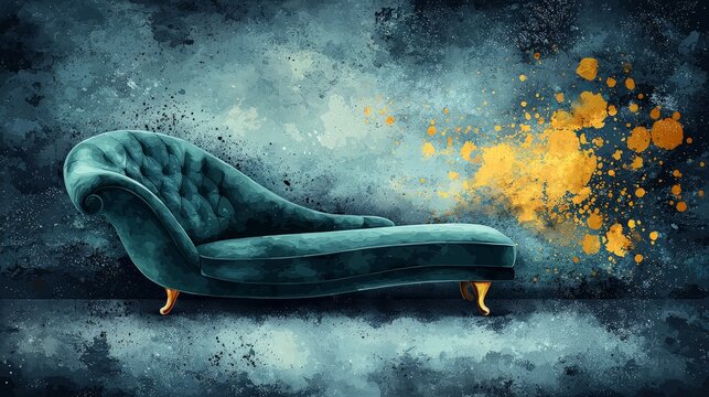 Teal chaise lounge against textured wall, artistic splash. Possible use stock photo, interior design