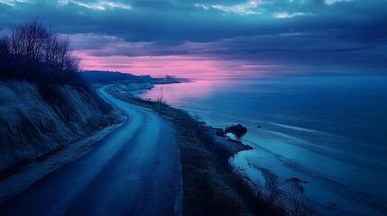 Obraz premium Coastal road at twilight, scenic ocean view, dramatic sky.