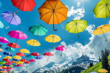 Obraz premium Colorful umbrellas float high, creating a vibrant display against the blue sky and mountains