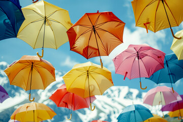 Bright umbrellas hang in the air, creating a vibrant display against a clear sky and snowy peaks