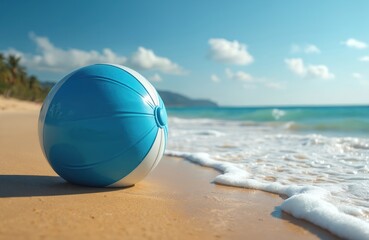 Obraz premium Beach ball resting on golden sand near ocean on a sunny day. Blue and white stripes on ball. Wave reaching sandy shore. Summer vacation mood, leisure, coastal holiday scene.