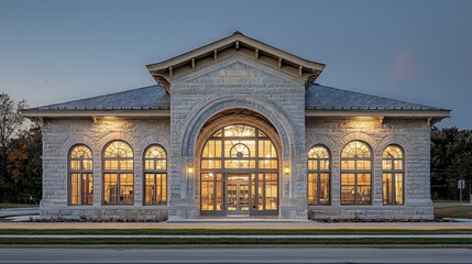 Town Library Building at Dusk; Architectural Front; Community Resource; Possible Use Stock Photo