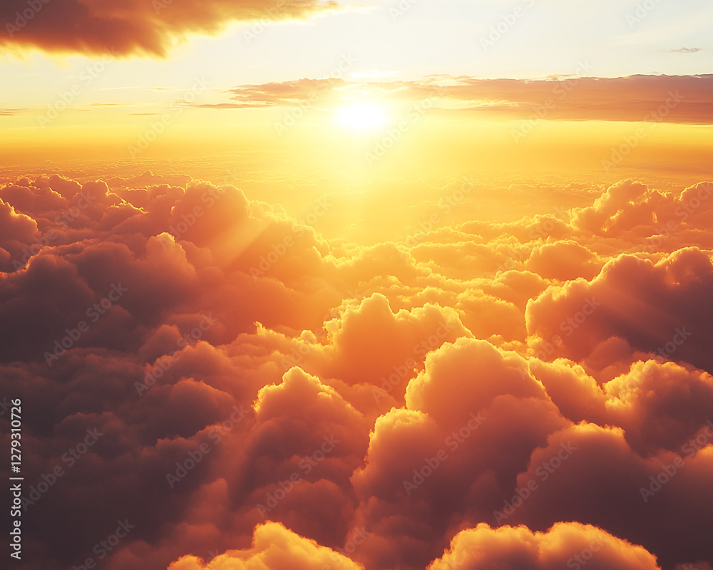 Poster an aerial view of the golden sunrise over soft clouds, creating a tranquil and serene atmosphere, sy