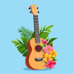 Bright Tropical Ukulele Surrounded by Colorful Flowers and Green Leaves