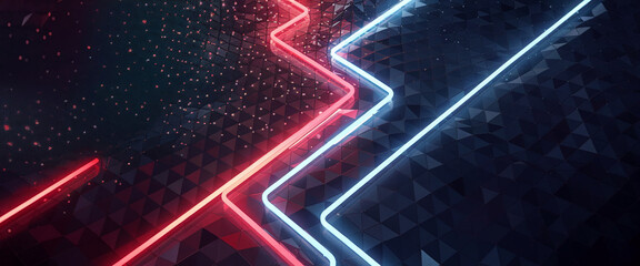 Vibrant digital design with glowing red and blue neon lines crossing over a dark geometric textured background, symbolizing high-tech energy and modern design. Gamer background