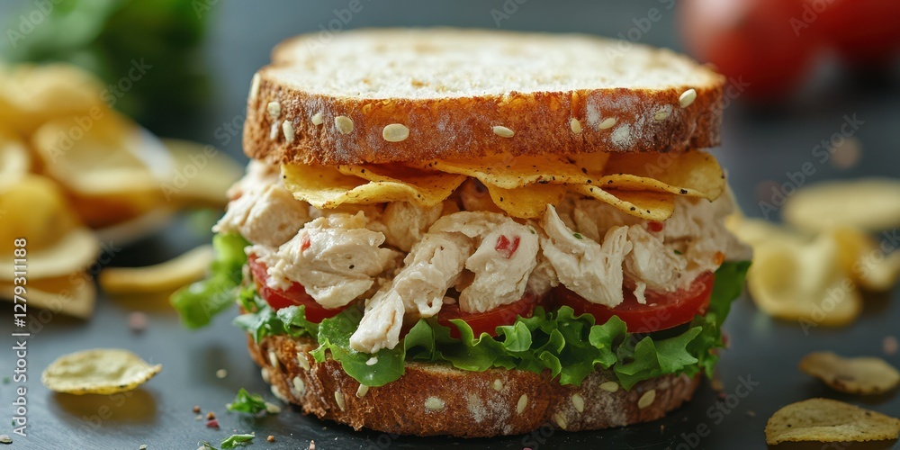 Wall mural Delicious chicken salad sandwich with chips surrounded by fresh ingredients at a casual dining setting