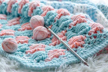 A colorful crochet blanket in pastel hues with yarn balls and a hook for creative fun