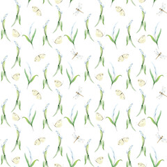 Seamless pattern of spring flowers. Hyacinths of different shades are hand-painted with watercolor on a white background. Botanical illustration is suitable for card, packaging and textile design.