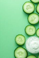 Fresh cucumber slices arranged around creamy dip on vibrant gree