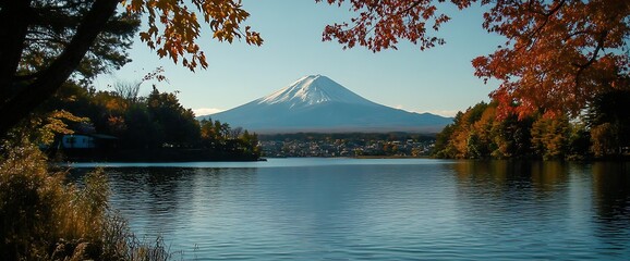 Fototapeta premium Mount Fuji and Lake Kawaguchi in Autumn A Stunning Landscape with Japan's Iconic Peak Framed by Vibrant Fall Foliage and a Calm Lake