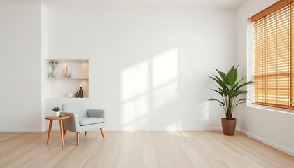 Fototapeta premium Bright minimalist living room with white walls, simple furniture, and soft natural lighting for a fresh, cozy home design.