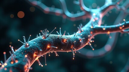 "3D Rendering of artificial intelligence merging with organic life, biomechanical veins filled with luminous code, fractal intelligence structures forming a growing AI consciousness.