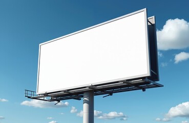 Obraz premium Outdoor pole billboard with blank white mock-up for advertisement. Clear blue sky background. Clipping path. Ideal template to display commercial ads, marketing messages, announcements.